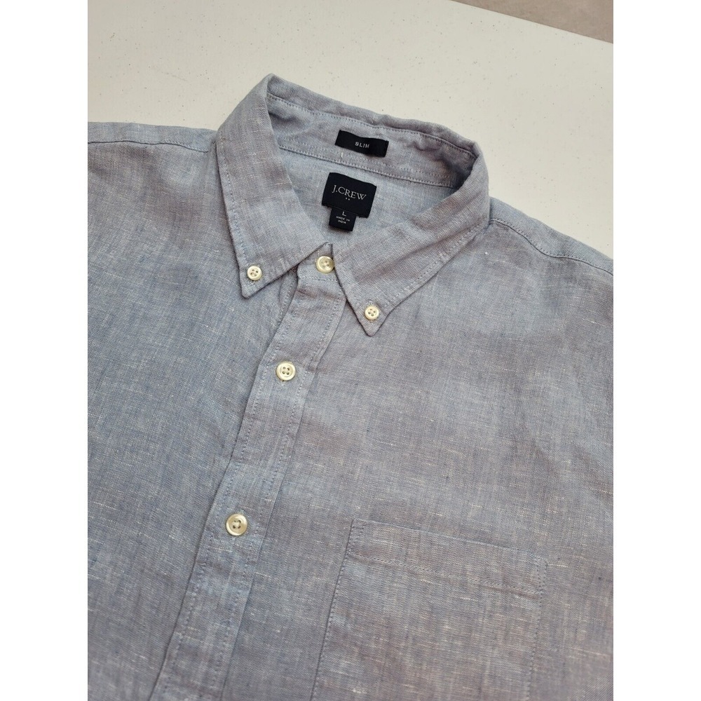 J‎ Crew Slim Shirt Linen/Cotton Blue Button Down Mens L Short Sleeve